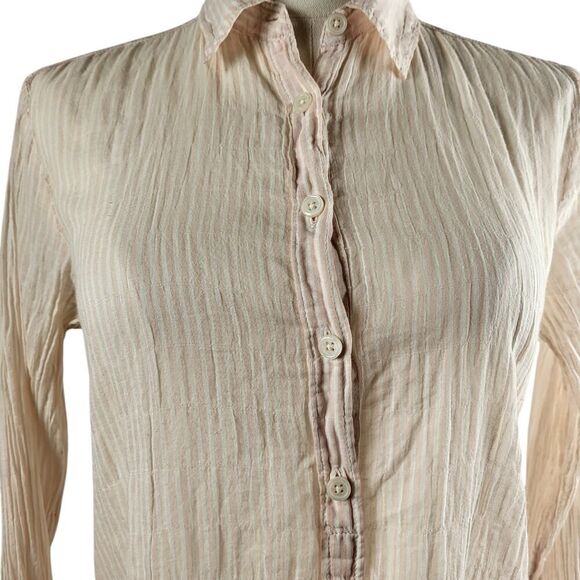 LOFT The Softened Shirt X-Small Crinkled Cotton Semi Sheer Pink White Stripes - Picture 5 of 13